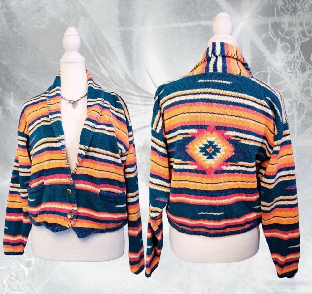 VTG Santa Fe Aztec Navejo Print Know Cardigan Jacket Concho Buttons Cowl Small